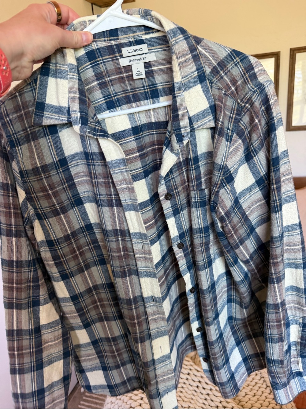 L.L. Bean Blue, Cream and Brown Plaid Button-Up Shirt women’s size L
